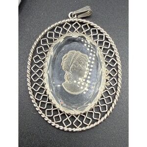 Vintage Cameo Pendant Intaglio Reverse Carved Silver Tone